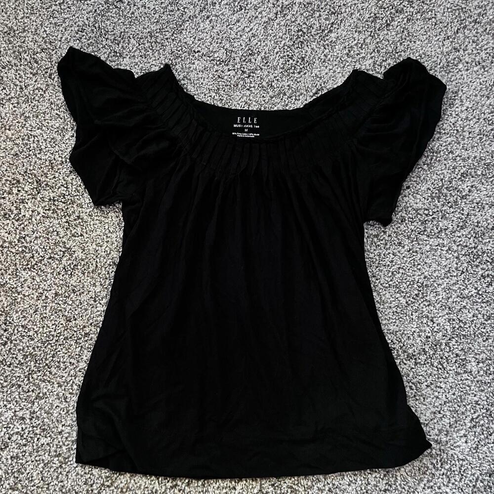 ELLE Black Flutter Sleeve Top Pima Cotton Modal Scoop Neck Blouse M Soft Knit